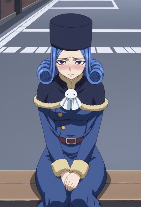score_9, score_8_up, score_7_up, anime screencap, BREAK, 1girl, (solo:1.2),   <lora:DX888Juvia:1>, juvia lockser, blue hair,  curly hair, blue eyes, short hair, hat, dress, belt, capelet, fur trim, teruterubouzu,   ,   BREAK   Sitting with one leg folded and arms wrapped around the knee,  crying, closed eyes, nose blush, sad, tears, bags under eyes,  street , city , crossroads,
