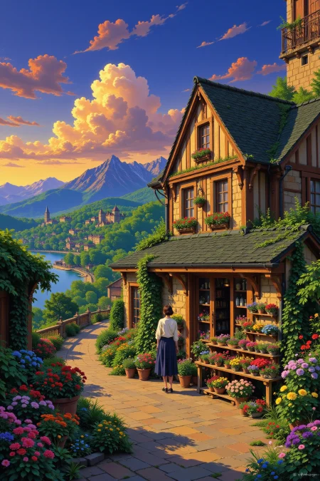 flower shop beautiful  landscape, early morning, woman, very intricate, very detailed, sharp, bright, colorful, <lora:Hand v2:0.5> <lora:Anti-Blur:1><lora:Insane Detail Slider:0.25>  <lora:flux.1_lora_flyway_Epic-detail_v2:0.3> <lora:fluxenhancer:0.25> <lora:Anime_style:0.6> anime style