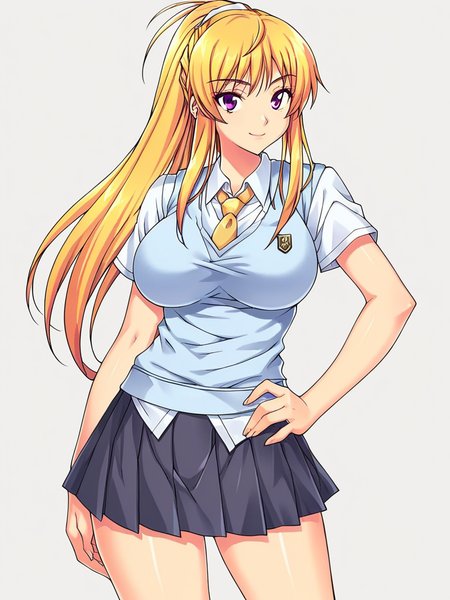 score_9, score_8_up, score_7_up,  
1girl, Mamiya natsuki, blonde hair, purple eyes, long ponytail, large breasts,

school uniform, yellow necktie, white shirt, short sleeves, blue sweater vest, pleated skirt, black skirt,
standing, hand on hip, looking at viewer, smile, closed mouth,  white background,