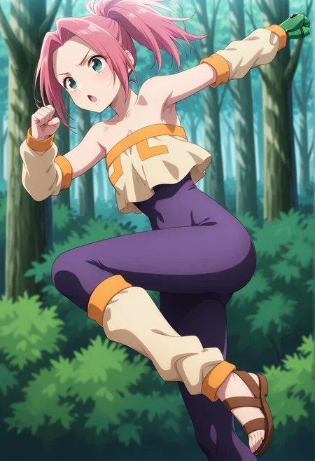 anime screencap, anime coloring, 1girl, long hair, pink hair, ponytail, green eyes, tube top, bodysuit under clothes, arm warmers, single mechanical arm, sandals, leg warmers, outstretched arms, one leg up, chestnut mouth, outdoors, forest, fighting stance,   <lora:noa_legaia:1>, masterpiece, best quality, amazing quality, very aesthetic, absurdres, highres, newest