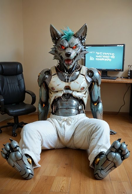 (((Barefoot furry character, full body, cinematic setting, furry male, plantigrade))), (((computer screens with binary code)))
(((Gilliam))), wolf boy, (((white pajama))), ((wired, hijacked, hacked, corrupted, reprogrammed, brainwashed, mindwiped)), sitting, spread legs, m pose, nice metalic feet paws, ((nice robotic feet paws)),  three toes, claws, pawpad, determined look, (((restrained))), (((head tilted to the side, open mouth, dumb face, drooling)))
BREAK
(((gilliam wolf, evil eye, sharp, red fluff tail, cyan hair, robot, cybernetic wolf, metallic))), 
BREAK, intricate details, highly detailed, extreme detail, octane render, fine art, best quality, highres, (detailed face:1.5), ((full_body)), UHD, (((perfect hands))), low light