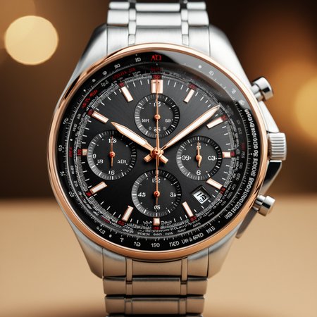 <lora:W4tch35_05XL-final:1>,an advertising photograph of a beautiful (W4tch35:1.2) as a (chronograph:1.3) watch,on a watch stand,with detailed movement,medium shot,tilt shift,bokhe,8k wallpaper,masterpiece,photorealistic,HDR UHD,high contrast,hyper realistic,volumetric lighting,