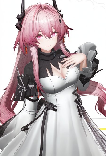 theresa_(arknights),1girl, black horns, breast suppress, breasts, cleavage, cleavage cutout, closed mouth, clothing cutout, cowboy shot, dress, hair between eyes, horns, large breasts, long hair, long sleeves, looking at viewer, pink eyes, pink hair, simple background, sketch, smile, solo, standing, turtleneck, turtleneck dress, very long hair, white background, white dress,
endfieldstyle,3D,<lora:endfieldstyle-000014:1>,