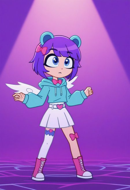 score_9,score_8_up,score_7_up,score_6_up, hair fluttering in the wind, dynamic lighting, dynamic pose, medium shot, FTROGY5, GachaFTROGY5, Gacha, girl, purple hair, bob haircut, blue frog ears, Blue eyes, turquoise hoodie, white skirt, и Belt with a pink heart, white wings, big eyes, pink bow, checker on the leg, White stocking, pink boots with teddy bears,