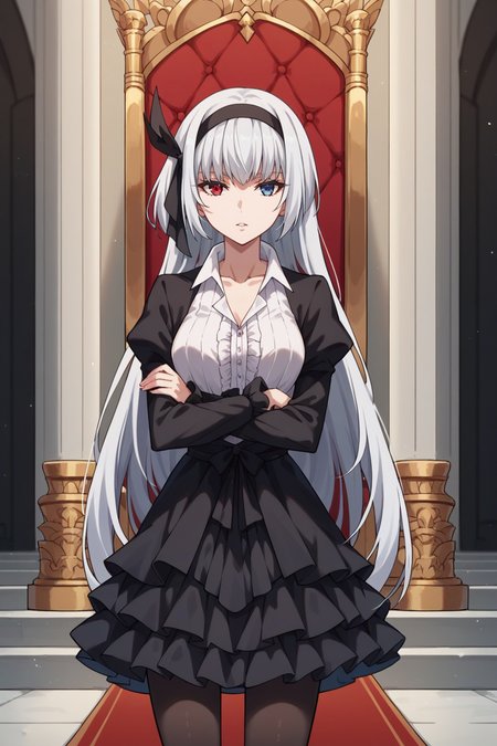 score_9,score_8_up,score_7_up,score_6_up,source_anime, prefect lighting, very aesthetic, intricate details, highly detailed background, masterpiece, high quality, prefect hands, best quality, solo, 1girl,
<lora:Luminous_Valentine_Tensura_V1_r1:.85>white hair, heterochromia, red eyes, blue eyes, long hair, head band,
black frilled dress, goth short dress, white collared shirt, black pantyhose, collarbone, open collar, cowboy shot, facing viewer, 
from side, standing, looking at viewer, expressionless, parted lips, crossed arms, 
throne room, throne, red carpet, stairs, pillars, curtains,
(Beautiful, medium Breasts:1.2), natural breasts,