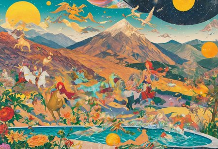 An unicorn, sun, mountain, pool, summer, party, collage  <lora:Tomat:.8> cosmic,  check,