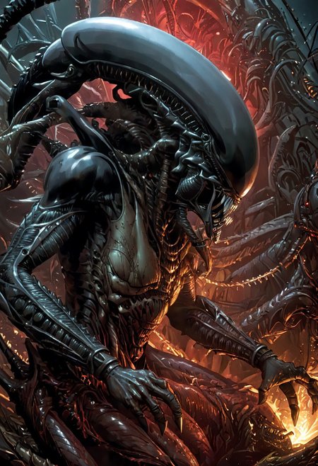 An insanely Detailed Divine Xenomorph, Golden and silver in color, cyberpunk, a crimson tinge to the golden color, Hyperdetailed, Omnipresent, Beautiful, Sinister overtones, otherworldly,