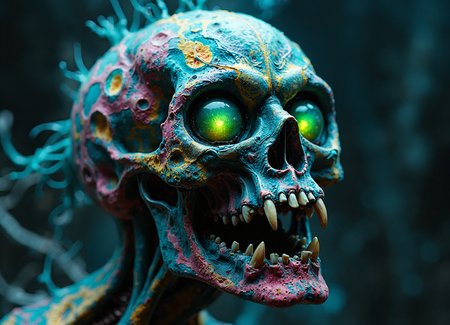 vivid and detailed digital artwork depicts a fantastical creature with a skull-like face. The creature's skin is intricately patterned with a mix of blue, pink, and yellow hues, creating a textured appearance. The eyes are large, glowing green, and the creature's mouth is slightly open, revealing sharp teeth. The background is a blend of deep blues and purples, evoking a sense of depth and mystery. The artwork's style is surreal and fantastical, emphasizing the interplay of light and shadow to create depth and dimension