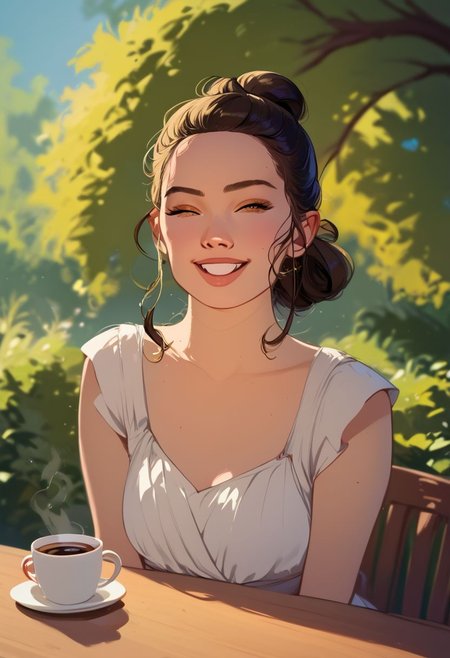 score_9, score_8_up, score_7_up, score_6_up, score_5_up, score_4_up, 1girl, rey, casual outfit, closeup portrait, updo, looking at viewer, laughing, sitting in a cafe at a table, hot coffee in round ceramic coffee cup, medium breasts, perfect teeth, teardrop_boobs, tiny waist, narrow hips, petite, innocent, small body,