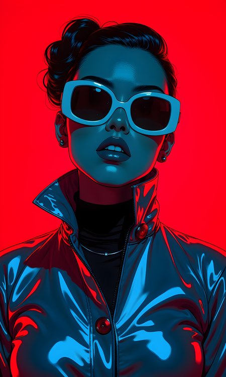 A striking and artistic portrait featuring a woman with a bold and futuristic aesthetic. The background is a deep, rich red that contrasts sharply with the cool blue tones of her outfit and skin. The woman is wearing large, white-framed sunglasses that add to the overall retro-futuristic vibe. 
Her hair is styled in a sleek, pulled-back manner, and she has a confident and slightly defiant expression on her face. She is dressed in a high-collared, metallic-looking jacket with large buttons, which gives her a strong and commanding presence. The lighting in the image is dramatic, with shadows and highlights that emphasize the contours of her face and the texture of her clothing. 
The overall mood of the image is one of strength, confidence, and individuality. The combination of the vibrant colors, the stylish outfit, and the woman's pose creates a visually stunning and memorable photograph. 
BREAK anime, d13s3lp2nk, bboil artist style, OBdonman, <lora:FLUX\Synesthesia:0.2>, <lora:FLUX\RetroAnimeS1.1:0.4>, <lora:FLUX\Flux-jijia:0.1>, <lora:FLUX\It's a LoRA for portraits, BUT! actually specialized in backgrounds. v1.0:0.1>, <lora:FLUX\GLSHS:0.2>, <lora:FLUX\Dieselpunk Delight - s0_9 g4:0.4>, <lora:FLUX\OBdonman, anime0style portrait:0.1>