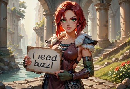 score_9, score_8_up, score_7_up, score_6_up, highest quality, high detail, accurate, masterpiece, correct hand, 5-fingers, perfect anatomy, best quality, beautiful lighting, (highest quality), intricate details, perfect face, (1girl, Aela the Huntress), red hair, green eyes, medium breasts,armor, fingerless gloves, quiver, pauldrons, skirt, fur trim), buzz, need_buzz, holding sign