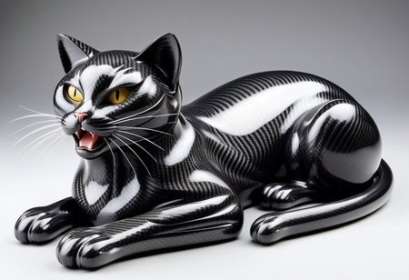 lazympos, cf_style, black cat made of carbon fiber, tabby cat, sleeping, yawning