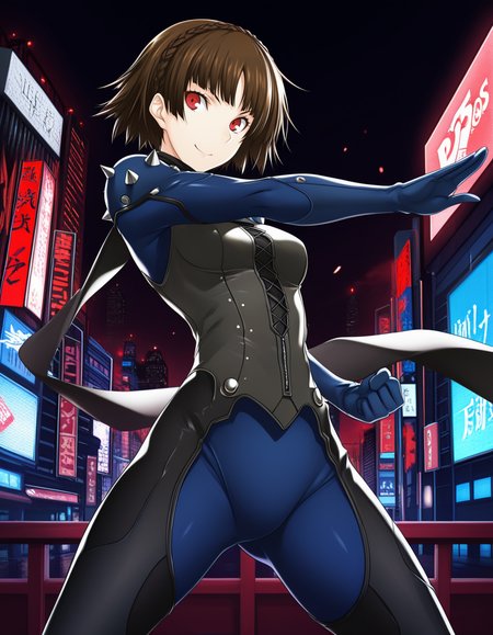 (Kawagishi Keitarou), <lora:1_illu_kawagishi_6e:1>, 1girl, Niijima Makoto, Persona 5, cowboy shot, brown hair, red eyes, crown braid, blue bodysuit, scarf, shoulder spikes, smile, closed mouth, short hair, small breasts, fighting stance, Tokyo, red and black background, city, (masterpiece, best quality, amazing quality),