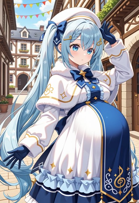 STYLE(comfy++,none) masterpiece, best quality, absurdres, 1girl, cura, azuuru, torino aqua, yuki miku \(2021\), vocaloid, blue eyes, hair between eyes, very long hair, light blue hair, blue hair, musical note hair ornament, twintails, braided bangs, hair bow, white capelet, white headwear, fur-trimmed capelet, blue gloves, white dress, long sleeves, blue bow, beret, gold trim, blue tabard, treble clef, string of light bulbs, medium breasts, clothed, pregnant, big belly, solo,  exhausted, looking down, facing to the side,  arm up, spread fingers, hand up, (arched back), contrapposto, portrait, overhead view,  day, town, game cg, <lora:Other/Pregnancy_Slider.safetensors:1.5:1.5> <lora:Tech/dmd2_sdxl_4step_lora_fp16.safetensors:1.0:1.0> <lora:Other/pregnant_c_v3.safetensors:1.0:1.0>