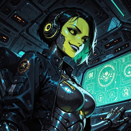 masterpiece, best quality, amazing quality,  high resolution, aesthetic, (unusual head:1.2), robot girl, ((robot body)), robot joints, proud, medium breasts, metal body, glowing green details, tomboy hair, scifi cockpit, cropped flight jacket, smirk, ear radio, intense eyes,  black sclera, metal face, aggressive attitude, from below, DRKWB, side view