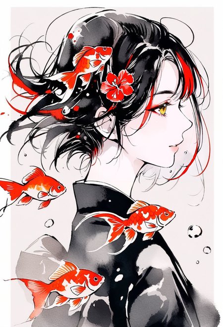 masterpiece, best quality,<lora:inkXL_ANI31_lokr_V43P1:0.95>monochrome, watercolor, 1girl, fish, goldfish, black hair, bubble, yellow eyes, solo, makeup, multicolored hair, short hair, japanese clothes, from side, kimono, eyeshadow, koi, red hair, flower, profile, black kimono, streaked hair, upper body, parted lips, air bubble, tattoo, grey background, simple background, red flower, eyeliner, white border