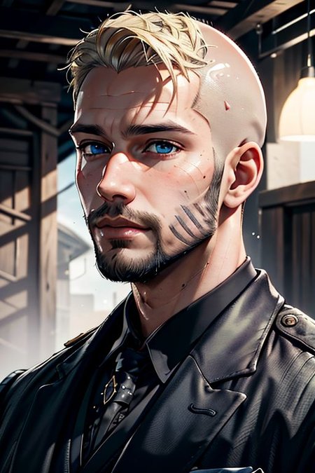 Master piece, highest quality, highest possible OverallDetail, semirealistic,  blue eyes,
Create an elder of a cultivator sect.
The character looks like he is in his late twenties or early thirties. He is handsome.
He is bald and has a blond beard. 
His eyes are blue. Detailed face.