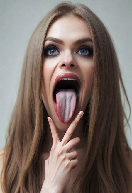 woman , long hair, pretty face, (V Fingers, Tongue out, Tongue between fingers)