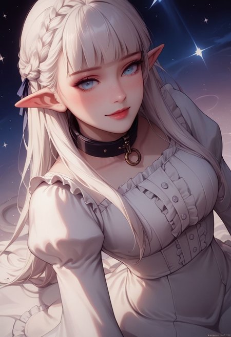score_9, score_8_up, score_7_up,   
nephiliaxl, pointy ears, blue eyes, long hair, white dress, white hair, elf, long sleeves, collar, frills, blunt bangs, braid, very long hair, wide sleeves, hair ribbon, juliet sleeves, frilled dress, (((pinup pose))), full body, focus on face, looking at viewer, shy smile, curious eyes, view from behind, head turned,
cosmic background, castle in background,
score_9,score_8_up,score_7_up,very aesthetic , rating_explicit, (masterpiece:1.4), (best quality), (colorful), (detailed) dramatic angle, unique perspective, unique angle, ((comic book angle and perspective)), ((wide shot)), multiple frames