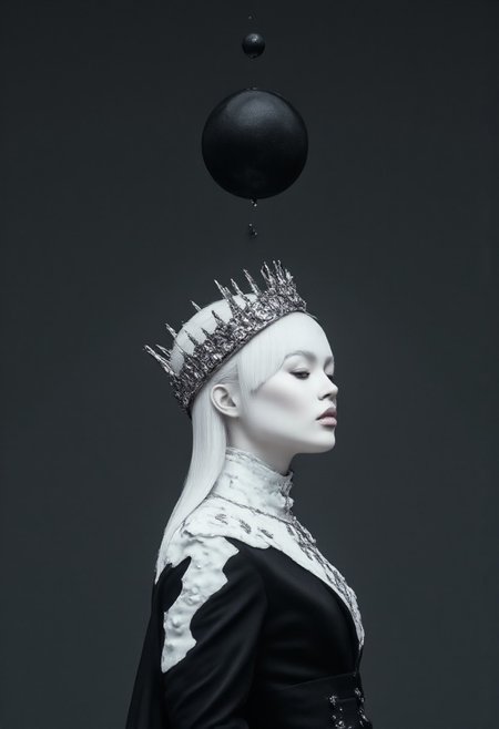 A glowing black crown adorned with sharp metallic thorns radiates a soft, ethereal light, resting atop the head of a queen whose form is rendered in a stark white silhouette. 
Contrasting the light of her form, a black crown—minimal, ominous—floats just above the glowing one, like a silent twin of darkness. Her presence is silent and commanding,