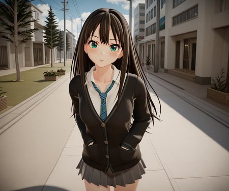 masterpiece, best quality, amazing quality, , 1girl, solo, looking at viewer, shibuya rin, cardigan, shirt, skirt,  outdoors,   <lora:New Kizuna AI ILL-v2:1> newkizunaai, 3d,