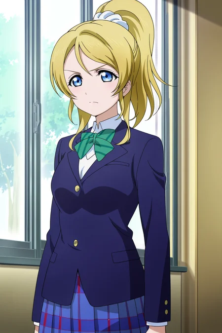 anime screencap, anime coloring, detailed face, masterpiece, best quality, very aesthetic, absurdres, volumetric lighting, official style, amazing quality, ultra detailed, highres, amazing quality, scenery, beautiful detailed hair, beautiful detailed eyes,
<lora:StS-Illustrious-Detail-Slider-v1.0:4>
 <lora:Eli_Ayase_Love_Live:1>
Eli school uniform with blue blazer (outfit), Eli Ayase (character), 1girl, blonde hair, otonokizaka school uniform, ayase eli, solo, school uniform, blazer, ponytail, jacket, blue eyes, skirt, window, white scrunchie, winter uniform, long hair, serious expression, cowboy shot, pleated skirt