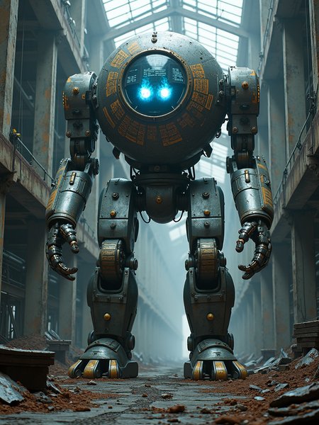In an abandoned factory, there stands a huge mechanical creature. This creature is composed of countless metal parts and cables. Its body is tall and majestic, like a mountain forged by steel. The head of the mechanical creature is a huge round sphere. On the sphere, countless indicator lights and screens are flashing. The screens display complex codes and data. Its eyes are two balls of burning blue flames. It seems that there is endless power in the flames. The body of the mechanical creature is covered with a thick layer of armor. On the armor are engraved mysterious patterns and symbols. These patterns and symbols are flashing with golden light, as if telling the legendary story of this mechanical creature. At the feet of the mechanical creature is a broken metal ground. On the ground are scattered various parts and tools. The air is filled with the smell of oil and metal. The whole picture is filled with a sense of technology and futurism, as if it is a masterpiece from the science fiction world.