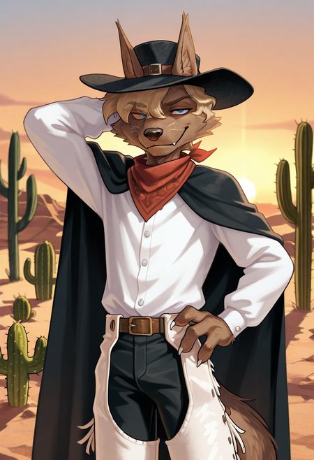 detailed background, detailed fur, cowboy shot, solo, 1boy, mid adult,  ProfessorGaon, wolf, blue eyes, smirk, head movement, western scenery, western background, outdoors, cactus, hand behind head, hand on hip, sunset, detailed scenery, black cape, white dress shirt, black hat, white chaps, black pants, red bandana, masterpiece, best quality, amazing quality, absurdres, newest, high res, ultra detailed, best quality, best artwork, detailed eyes, (eyes focus), perfect eyes, big iris, pupils visible, 4k, ultra quality, perfect face