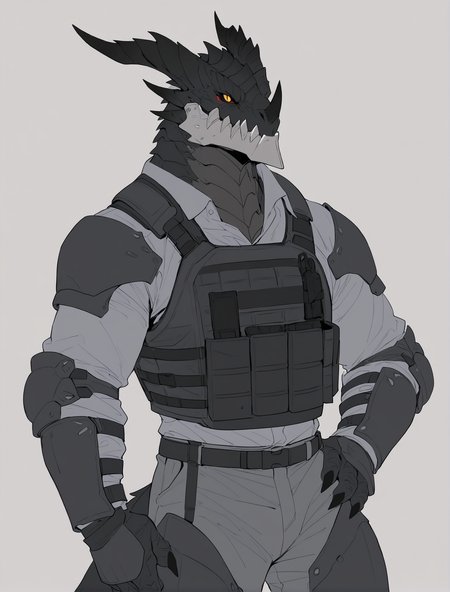 ((masterpiece, best quality)),highres,
(konya karasue:0.75)|(flat color:1.05),(lineart:0.6),
2022,2023,cowboy shot,
solo,male,furry male,1boy,deathwing,(metal jaw:1.1),(black_scales:1.1),(black body:1.1),white jaw,dragon,black horns,claws,solo,slit pupils,yellow eyes,red sclera,black nails,(4 fingers:1.1),
black Tactical vest,bulletproof vest,grey uniform,grey clothes,grey pants,Long sleeves,tactical clothes,black armor,Knee armor,Tactical vambraces,shoulder armor,elbow pads,(Tactical armor:1.2),(tactical clothes:1.2),Tactical neck armor,camail,hand on own hip,simple background,<lora:deathwing_noob_adamw8bit-000029:lbw=deathwing>,