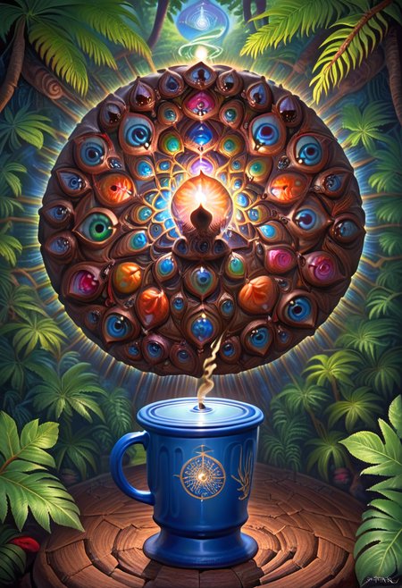 zPDXL, 1 velociraptor holding 1 cup of coffee, jungle background, depth of field, 4k, masterpiece, best quality, ultra realistic, high detail, alexgrey ,lattice ,symmetry , <lora:Alex_Grey_PonyXL:0.9>