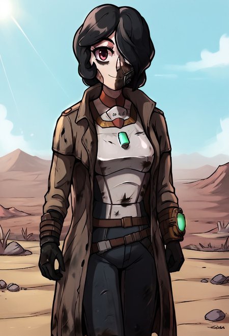 score_9, score_8_up, score_7_up, score_6_up, BREAK, solo, 1girl, Aria, power armor, short black hair, d3sertranger, outdoors,desert,wasteland,scenery,sunlight,day, black gloves,black trench coat,breastplate, absurdres,medium hair,dirty,dirty clothes,hair over one eye, cowboy shot,looking at viewer,cute,attractive, eye contact,standing,smirk, anime style,vibrant,studio anime,highly detailed,