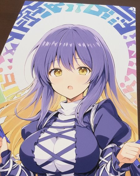 hijiri byakuren,1girl, solo, traditional_media, large_breasts, open_mouth, upper_body, cross-laced_clothes, juliet_sleeves, looking_at_viewer, holding, :d, sorcerer's_sutra_scroll, layered_dress, marker_\(medium\), white_dress
<lora:hijiri_byakuren_image2907_2023-12-20:1>,star-shaped_pupils,symbol-shaped_pupils,. gorgeous,key visual, vibrant, studio anime,award-winning, professional, highly detailed,high budget, cinemascope