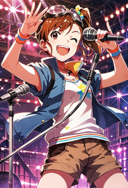 score_9, score_8_up, score_7_up, source_anime, futami mami, brown hair, side ponytail, brown eyes, 1girl, one eye closed, microphone, goggles, smile, solo, open mouth, ;d, goggles on head, microphone stand, shorts