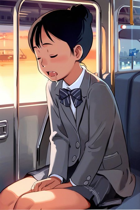 score_9, score_8_up, score_7_up, rating_safe BREAK
1girl, solo, flat chest, single hair bun, dark hair, closed eyes, sleepy, sleeping, (open mouth), ((drool)), grey blazer, white shirt, formal suit, skirt, sitting, (v arms:0.8), public train, train interior, city background, sunset