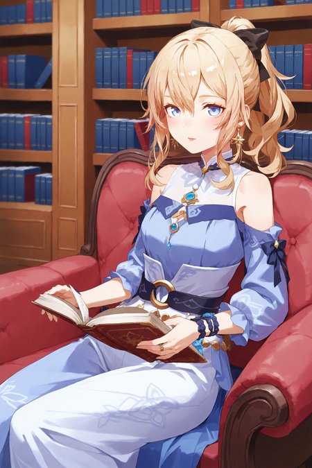 score_9, zPDXL3, (ultra detailed, high quality, masterpiece), detailed background, <lora:add-detail-xl:0.6>, 
<lora:JeanXL-Aesthetic:1>, jean \(genshin impact\),blue eyes, blonde hair, hair bow, ponytail, sidelocks, earrings, Coral clothes dress, <lora:lbc_black_dress_240330_v1.0:1>, perfect body, perfect face, blush, Scarlet lipstick, 
leaning against a bookshelf with an open book in hand, looking up thoughtfully, <lora:kinta_distortion_style_pony:1>, kintadistortion, 
detailed background, a cozy dance club, with dim lighting, comfortable seating, a small dance area, windy weather, during summer, in the afternoon, 
hyperdetailed:1.15, realistic, very aesthetic, (5 fingers, <lora:hand 5.5:1>)