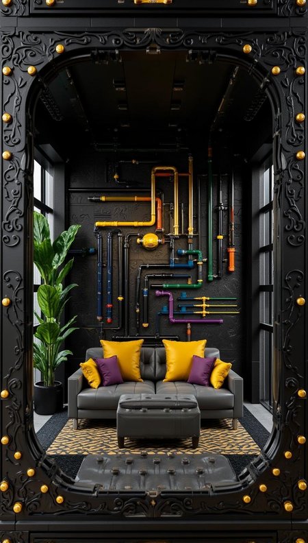 <lora:11FFD5A449D6E4CB9C9CBB11653521C5792F3505EF6B71F1B8A31B82F3C4CD4C.safetensors:1> lego scenery
Within an ornate, tufted leather display box, the modern, eclectic living room is presented as a sophisticated and mysterious artifact. The deep, luxurious black leather is punctuated by golden rivets, each one a testament to meticulous craftsmanship. The scene is framed by intricate filigree, adding a touch of aristocratic elegance.
At the center of this curated composition, a sleek gray sofa is adorned with oversized pillows in bold hues of yellow and purple, their vibrant colors standing out against the dark background. A matching ottoman rests before the sofa, creating a sense of symmetry and order. The wall behind the sofa is a patchwork of industrial metal pipes, each pipe painted in a spectrum of bright colors—yellow, green, purple, and orange—adding a modern twist to the otherwise classic setting.
To the left, a lush green potted plant stands tall, its vibrant foliage a lively contrast to the deep, rich tones of the display box. The room is illuminated by soft, directional lighting that casts dramatic shadows, highlighting the key elements and gently fading the surrounding areas into subtle darkness. The large windows, visible at the edges, suggest a connection to the outside world, but the focus remains firmly on the carefully arranged interior.
The entire scene is captured with a sense of elegance and sophistication, as if it were a precious heirloom, meticulously preserved for generations to admire and contemplate.