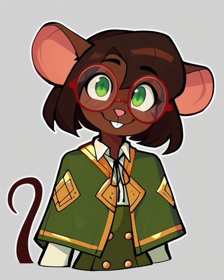 score_9_up, score_8_up, score_7_up, score_6_up, by remanedur, furry female, half-length portrait, female, furry, mouse, green eyes, brown hair, brown skin, short hair, green gloves, capelet, skirt, collared shirt, thigh boots, red round glasses, tail, small breasts, looking at viewer, smile, happy, head tilt, solo, three-quarter view, simple background, white outline, <lora:Leah_Pines(AIM)_XL_v1:0.15> <lora:PDXL_artist_tags_v2_big:0.5> <lora:The-Minuscule-Task_PDXL_v1.0:0.6>  <lora:Olive_BumbleSteak:0.7>