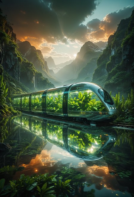 futuristic and cinematic scene, an advanced train with a sleek transparent glass exterior, traveling through a breathtaking landscape, with mountains on distant, the train's interior is filled with vibrant green plants, creating a miniature greenhouse effect, The surrounding environment is bathed in soft ethereal light filtering through gaps in the dense foliage, casting a glow on the reflective water below, the atmosphere is serene and otherworldly, combining elements of nature and futuristic technology, <lora:MJ52:0.3>, <lora:SDXLFaeTastic2400:0.3>, <lora:CinematicStyle_v1:0.8>, <lora:zavy-cntrst-sdxl:0.6>