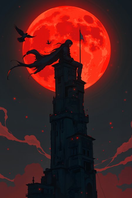 Atop an impossibly high spire, a lone figure sits cross-legged on the very edge, silhouetted against a blood-red moon that looms impossibly large behind them. The wind howls through the jagged, broken towers around them, remnants of a forgotten kingdom now reclaimed by the sky. Torn banners, their symbols long worn away, flap violently in the night air, the only remnants of a war no one remembers. The figure's eyes glow faintly beneath their hood, reflecting the eerie light of the celestial body above. A murder of crows circles the tower, their black feathers catching the moonâs crimson glow as they drift in chaotic spirals. Below, the world is lost in thick mist, concealing whatever land may remain beneath the eternal night. The figure exhales slowly, their breath visible in the frigid air, their purpose unknown, their presence an enigma against the endless void. , detailed background  Fantastic lighting. Detailed shadows.intricate details, vivid colors, hyper-detailed, ultra-sharp, , <lora:Semi-realisticPortraitPainting:0.4> <lora:Let_It_Blaze_in_Crimson_anime_v1.0:0.6>
