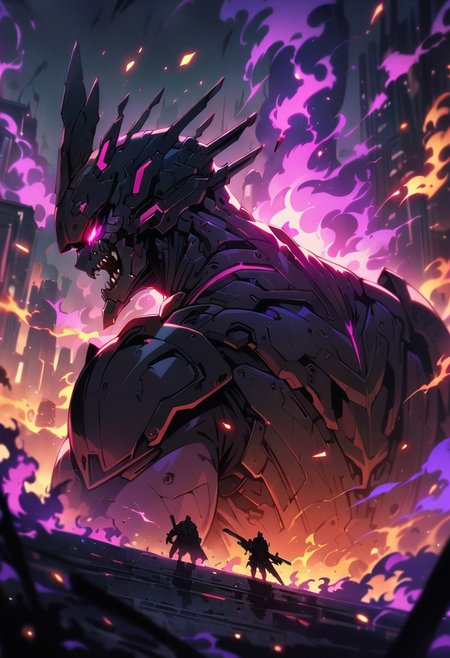 dark cyberpunk, (from the back),2men, cyber-samurai, fighting the monster, monster, (fire and smoke pillar), (masterpiece), (best quality), (ultra-detailed), very aesthetic, illustration, perfect composition, intricate details, absurdres, (anime, masterpiece, intricate:1.3), (best quality, hires textures, high detail:1.2), (4k),(incredibly detailed:1.4) 
masterpiece:1.2, best quality:1.5, highly detailed, depth of field, cinematic lighting, intricate, 8k wallpaper, cg, sharp focus, glowing, purple fire