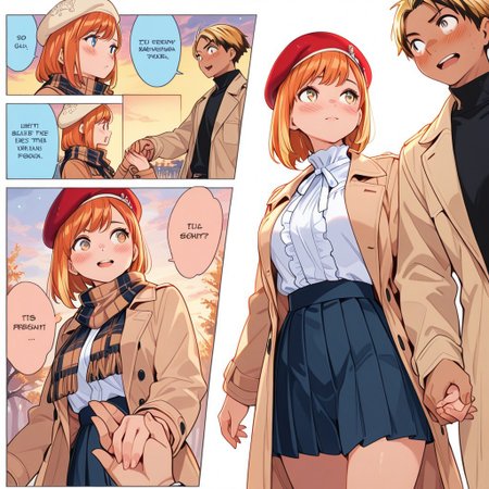 highres, ultra-detailed, illustration, colorful, masterpiece, extremely detailed, 8k, manga art style, multiple panels, (1girl, auburn bob, cream beret, navy-blue pleated skirt, white blouse with frills, cute face), (1boy, sandy blond hair, tan trench coat over black turtleneck, plaid scarf), holding hands, strolling in the park, blush, soft lighting, absurdes