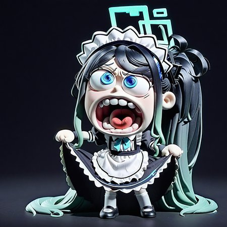 <lora:claymation-style_a31_xl_1:1>,claymation-style,<lora:chibi_teeth_a3.0:1>,chibi, parody, open mouth, teeth,(masterpiece),(best quality),masterpiece,best quality,very aesthetic,absurdres,newest,
BREAK
sdorica composition,black background,simple background,character name,
BREAK
1girl, solo, aris \(blue archive\), aris \(maid\) \(blue archive\), halo, long hair, black hair, thighhighs, white thighhighs, apron, blue eyes, official alternate costume, maid headdress, maid, very long hair, full body, simple background, white background, short sleeves, open mouth, dress, looking at viewer, maid apron, white apron, black footwear, borrowed clothes, shoes, black dress, frilled apron, frills, blush, upper teeth only, ponytail, smile, puffy sleeves, standing, side ponytail, teeth, puffy short sleeves, absurdly long hair, garter straps, skirt hold, bow, sidelocks,