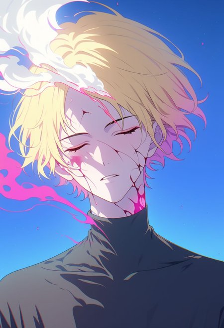 did vaporwave style, 1boy, solo, male focus, blonde hair, blue background, closed eyes, simple background, portrait, parted lips, short hair, cracked skin, pink blood, fading smoke, vapor, magic,  rainbow theme, melting, vapor, smoke, glitch,  horror (theme),  glowing,  cinematic lighting, cinematic angle, official art, best quality, masterpiece