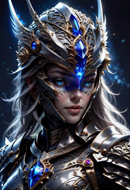 "Fantasy Female knight in a helmet.
This close-up focuses on the helm of a powerful female knight. Her dark gray helmet, with a shimmering blue tint, is adorned with intricate patterns that emphasize her strength and femininity. The visor, made of sapphire-like crystal, casts a deep blue glow that hides her eyes, adding an element of mystery. The blue glow emanating from the visor adds an intense, otherworldly quality to her look, making her both beautiful and formidable."