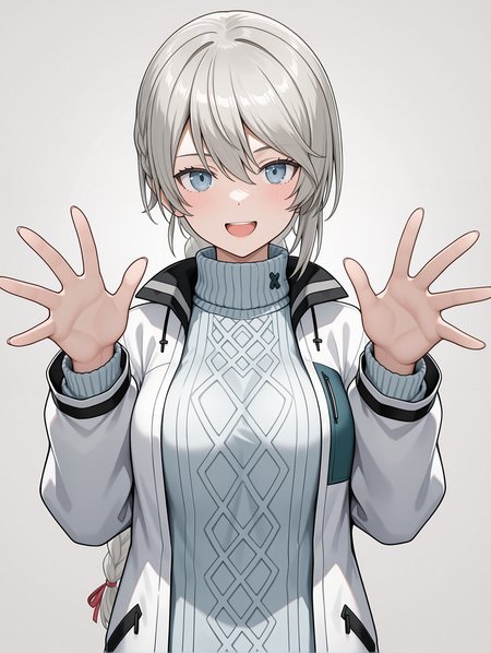 masterpiece,best quality,newest,
1girl,solo,
<lora:ADELAIDE_BLUTHAUSEN_ilxl_v1.0:1>,a_bluthausen,grey hair,blue eyes,braided ponytail,
s_nase,white jacket,long sleeves,turtleneck sweater,black pants,<lora:Fixhands_anime_bdsqlsz_V1:1>,looking_at_viewer,standing,simple_background,white_background,open hands,portrait,straight-on,cowboy_shot,laughing,