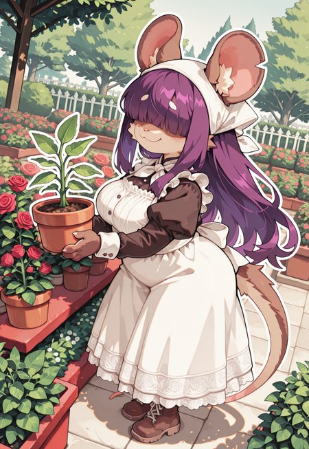 perfect eyes, S4bit4mago_illu, anime style, s0wasow4rt_illu, masterpiece, best quality, high quality, newest, highres, score_9, score_8_up, score_7_up, Nameless_Style, rat girl, _Style, furry:1.2, Cartoon_Type, curvy, fluffy1.3, shortstack rat girl, large chest, lace styled dress, maid outfit, long dress, from side, panoramic view of garden,  thick white outline, curvy, heavyset, chubby, white lace, face focus, bangs over eyes, long hair, fabric, intricate lace, intricate details:1.2, long dress, brown fur, bandana, purple hair, holding potted plant , boots, standing upright, tail, strong pose, confident, proud, at an angle, dynamic angle, smile, gardening, outside, rose garden, countershade fur, stylish, pose, extremely detailed, high quality, cute background, (chibi rat) 
