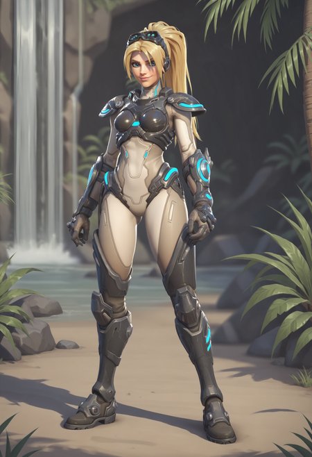 score_9, score_8_up, score_7_up, score_6_up, score_5_up, score_4_up, 1girl, <lora:WidowmakerNova:0.7> solo, medium breasts, ponytail, blonde hair, long hair, blue eyes, bodysuit, armor, goggles, goggles on head, gloves, front view, smile, full body, legs apart, standing, 
jungle background, tree, waterfall,