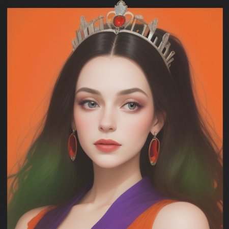 Portrait of a beautiful Queen.
Orange, red, green,  purple colors only.