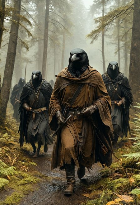 (masterpiece,best quality,ultra_detailed,highres,absurdres:1.2), DnD_Grainyboyz, 
BREAK
highly detailed photo of black corvidfolk running through forest, wearing brown robe, moody forest,