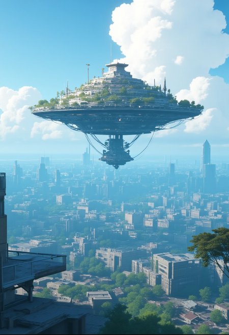A futuristic city floats in the sky, tethered to the earth by massive energy beams. How do its inhabitants live and interact with those on the ground? What technological advancements make this possible, and what challenges arise from living so far above the surface?
cyan colors, gray colors, brown colors, little of white colors